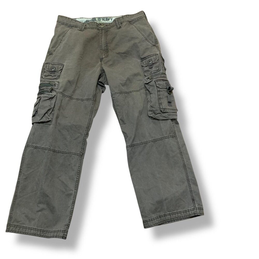 Old Navy Mena Gray Cargo Pants Multiple Pockets Relaxed Fit Sz 34.5 100% Cotton‎